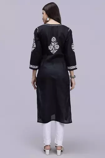 hand embroidered black terivoil cotton lucknowi chikan kurta