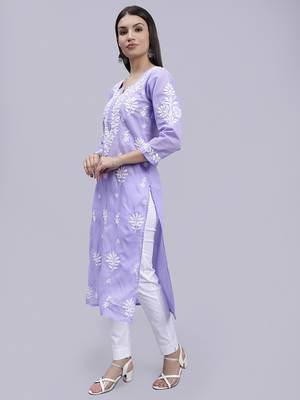 hand embroidered mauve terivoil cotton lucknowi chikan kurta 2