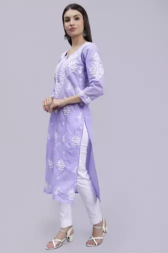 hand embroidered mauve terivoil cotton lucknowi chikan kurta