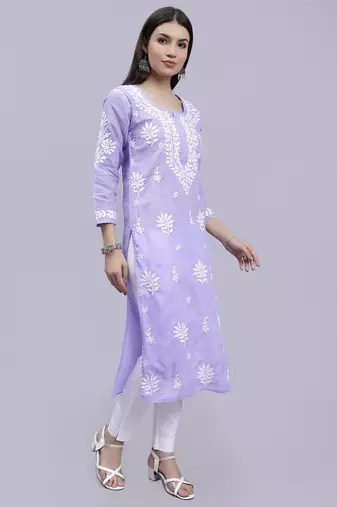 hand embroidered mauve terivoil cotton lucknowi chikan kurta