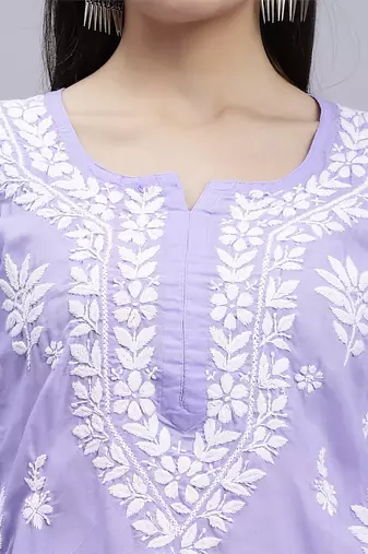 hand embroidered mauve terivoil cotton lucknowi chikan kurta