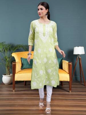 hand embroidered green terivoil cotton lucknowi chikan kurta 1
