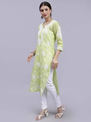 hand embroidered green terivoil cotton lucknowi chikan kurta 2