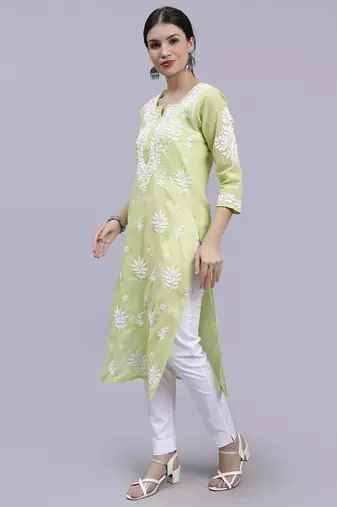 hand embroidered green terivoil cotton lucknowi chikan kurta