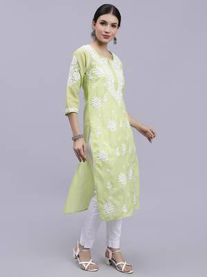 hand embroidered green terivoil cotton lucknowi chikan kurta 3