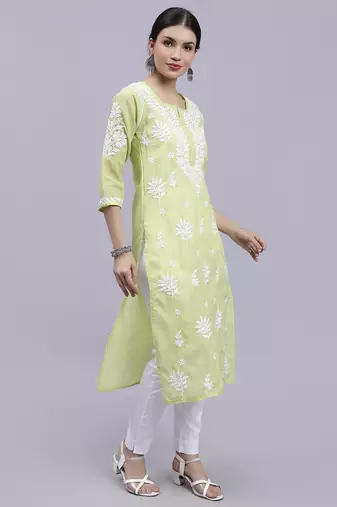 hand embroidered green terivoil cotton lucknowi chikan kurta
