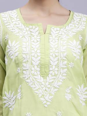 hand embroidered green terivoil cotton lucknowi chikan kurta 4