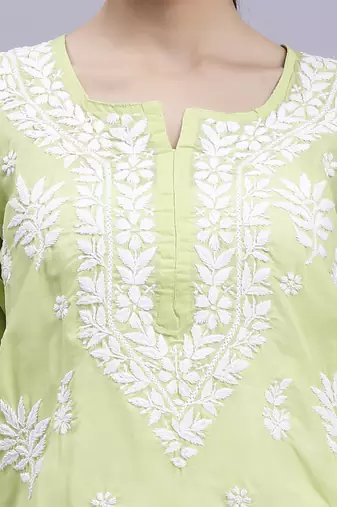 hand embroidered green terivoil cotton lucknowi chikan kurta