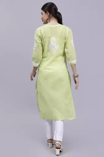 hand embroidered green terivoil cotton lucknowi chikan kurta