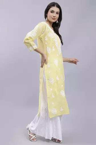 hand embroidered green terivoil cotton lucknowi chikan kurta