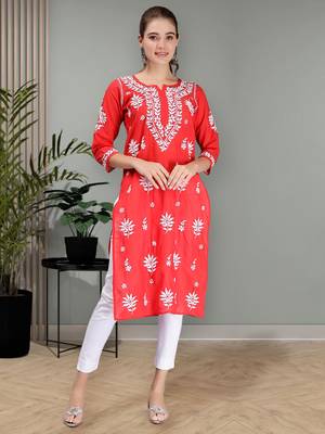 hand embroidered red terivoil cotton lucknowi chikan kurta 1