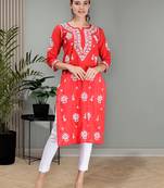 hand embroidered red terivoil cotton lucknowi chikan kurta