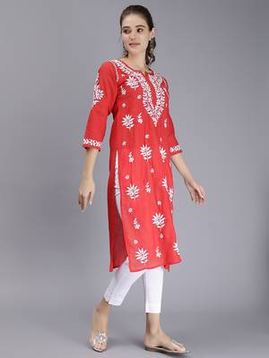 hand embroidered red terivoil cotton lucknowi chikan kurta 2