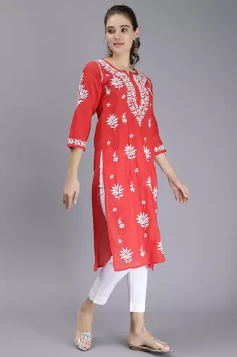 hand embroidered red terivoil cotton lucknowi chikan kurta