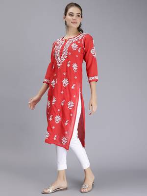 hand embroidered red terivoil cotton lucknowi chikan kurta 3