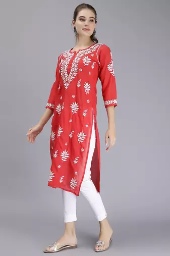 hand embroidered red terivoil cotton lucknowi chikan kurta