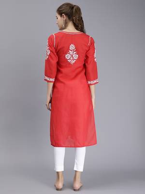 hand embroidered red terivoil cotton lucknowi chikan kurta 4