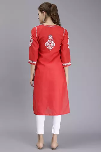 hand embroidered red terivoil cotton lucknowi chikan kurta