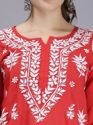 hand embroidered red terivoil cotton lucknowi chikan kurta 5