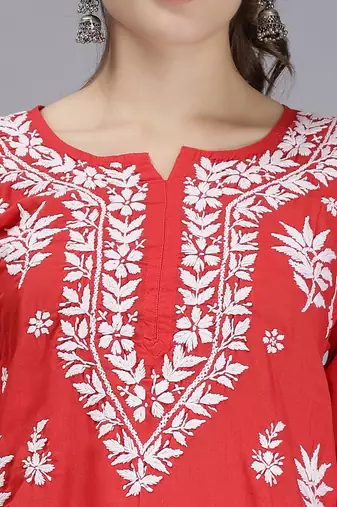 hand embroidered red terivoil cotton lucknowi chikan kurta