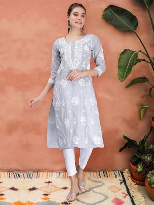 hand embroidered grey terivoil cotton lucknowi chikan kurta 1
