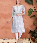 hand embroidered grey terivoil cotton lucknowi chikan kurta
