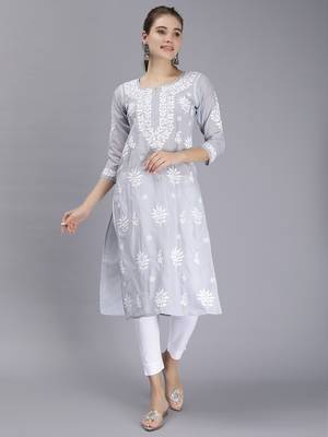 hand embroidered grey terivoil cotton lucknowi chikan kurta 2