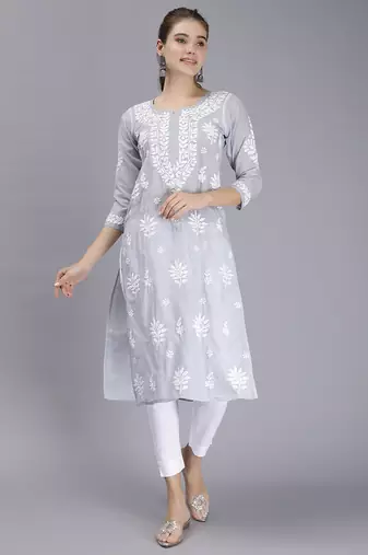 hand embroidered grey terivoil cotton lucknowi chikan kurta