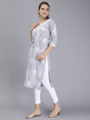 hand embroidered grey terivoil cotton lucknowi chikan kurta 3