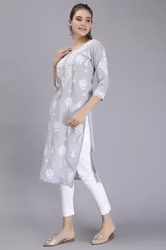 hand embroidered grey terivoil cotton lucknowi chikan kurta