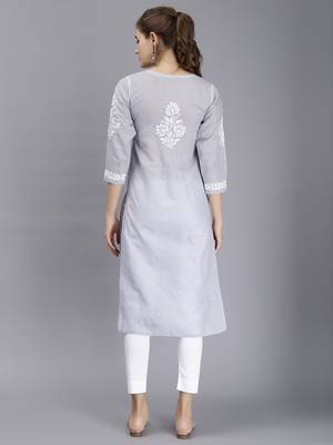 hand embroidered grey terivoil cotton lucknowi chikan kurta 4