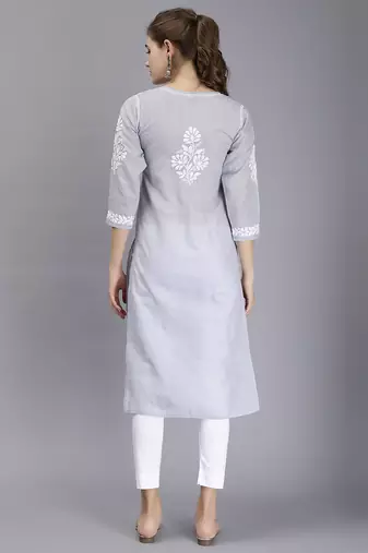 hand embroidered grey terivoil cotton lucknowi chikan kurta