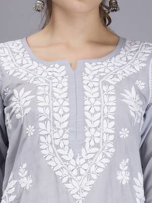 hand embroidered grey terivoil cotton lucknowi chikan kurta 5