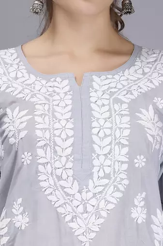 hand embroidered grey terivoil cotton lucknowi chikan kurta