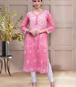 hand embroidered pink mal-mal lucknowi chikan kurta