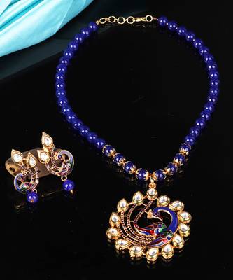Blue Kundan Peacock Pendal Necklace Sets 7