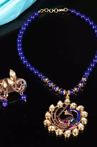 Blue Kundan Peacock Pendal Necklace Sets