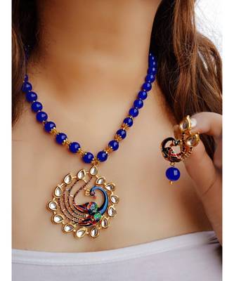 Blue Kundan Peacock Pendal Necklace Sets 8