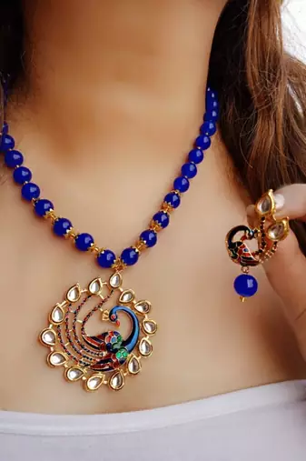Blue Kundan Peacock Pendal Necklace Sets