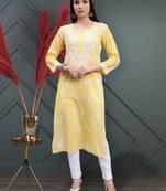 hand embroidered yellow mal-mal lucknowi chikan kurta