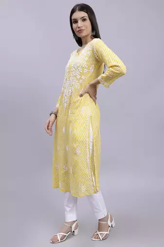 hand embroidered yellow mal-mal lucknowi chikan kurta