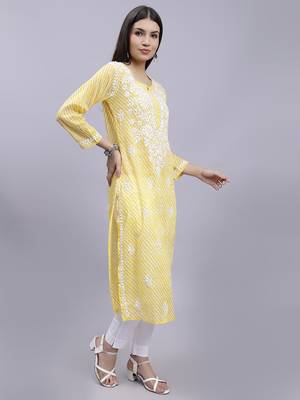 hand embroidered yellow mal-mal lucknowi chikan kurta 3