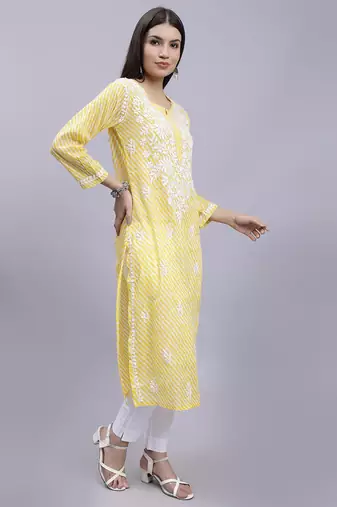 hand embroidered yellow mal-mal lucknowi chikan kurta