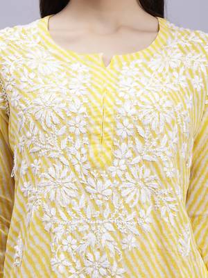 hand embroidered yellow mal-mal lucknowi chikan kurta 4