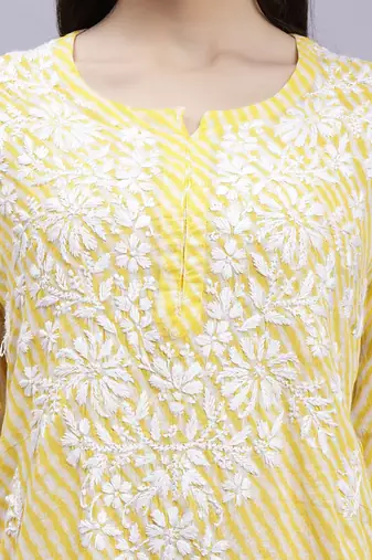 hand embroidered yellow mal-mal lucknowi chikan kurta