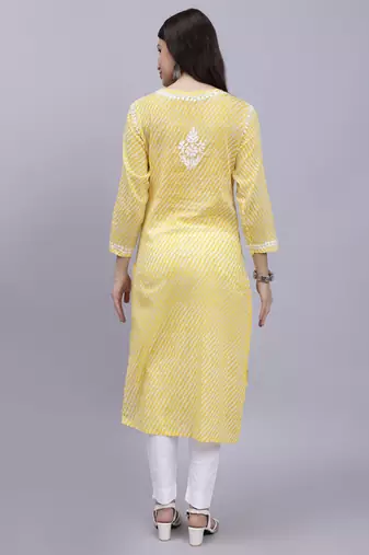 hand embroidered yellow mal-mal lucknowi chikan kurta