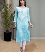 hand embroidered sea green mal-mal lucknowi chikan kurta