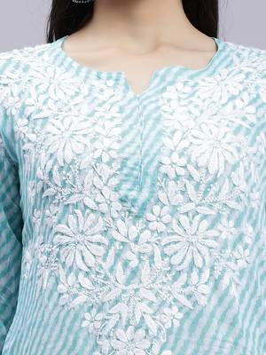 hand embroidered sea green mal-mal lucknowi chikan kurta 4