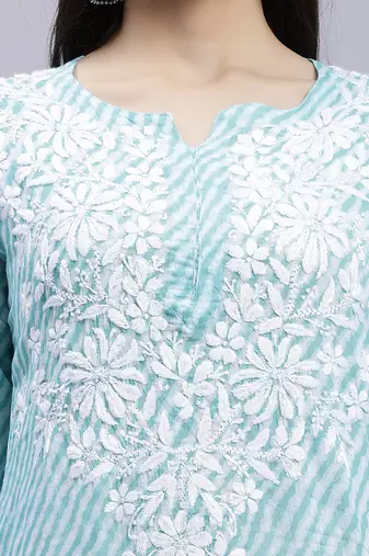 hand embroidered sea green mal-mal lucknowi chikan kurta