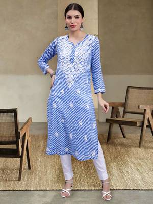 hand embroidered dark blue mal-mal lucknowi chikan kurta 1